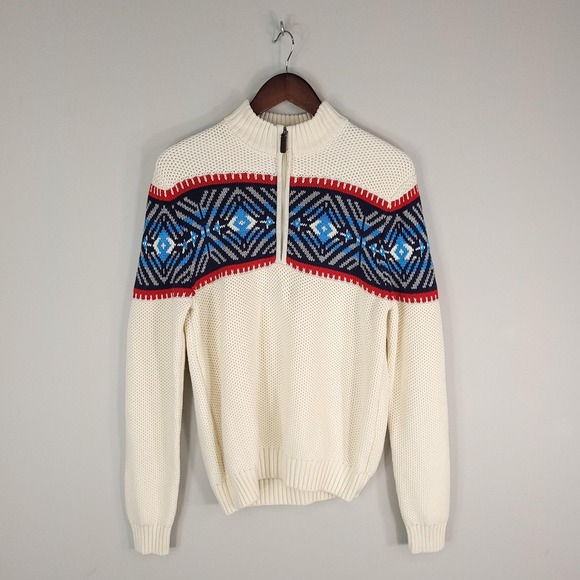 IZOD Sweater Mens Medium White Half Zip Mock Neck Fair Isle Nordic Knit Pullover - Picture 1 of 13